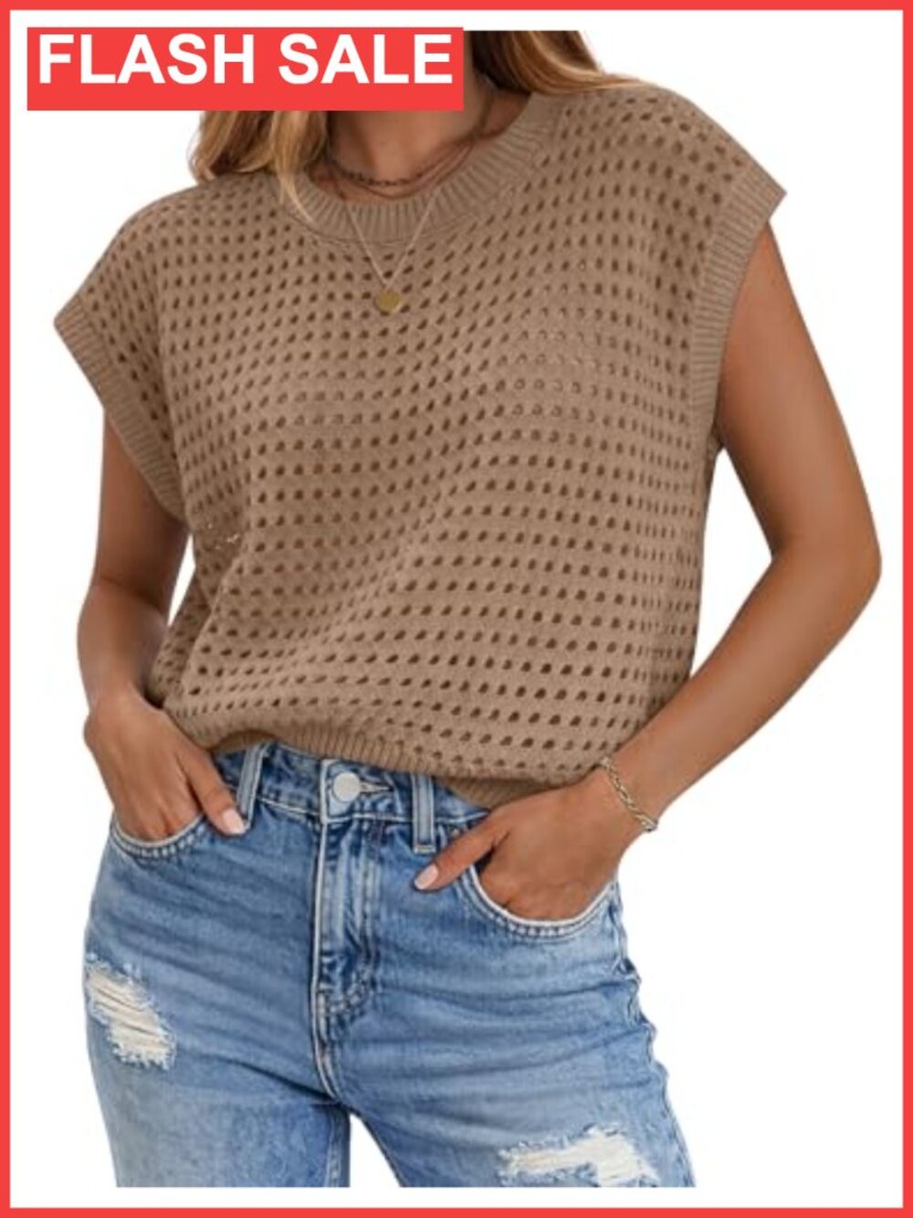 Crochet Hollow Out Cap Sleeve Pullover Sweater Vest Ribbed Knit Top